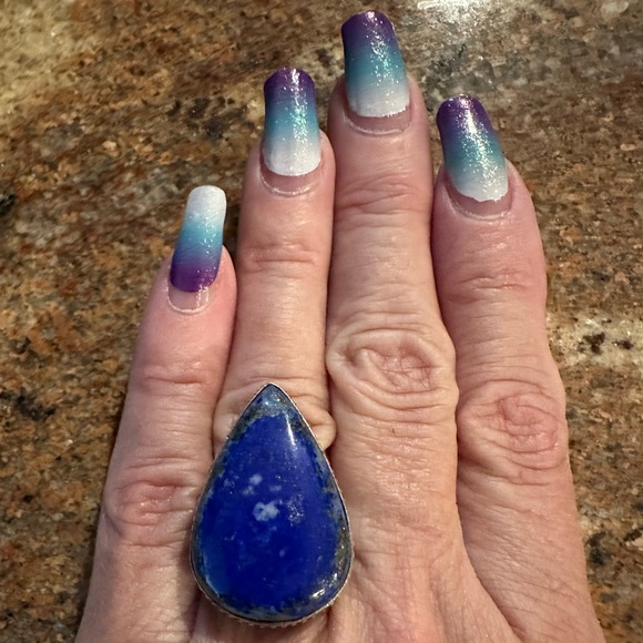 Lapis Lazuli Natural Stone Teardrop Silver Plated Ring Minimalist Setting.  5.75 - Picture 10 of 10